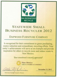Award from New Mexico Green Chamber of Commerce announcing Dapwood Furniture Co. the Recycler of the Year